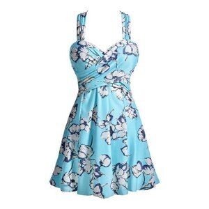 Light Blue Floral Elegant Crossback Swimdress Padded Swimsuit Medium NWT #1399